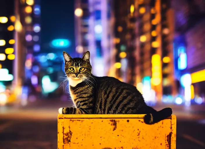 Image similar to photography of a Cat sitting on a box. in a cyberpunk street, award winning photo, led lighting, night, 24mm, sharp, high res