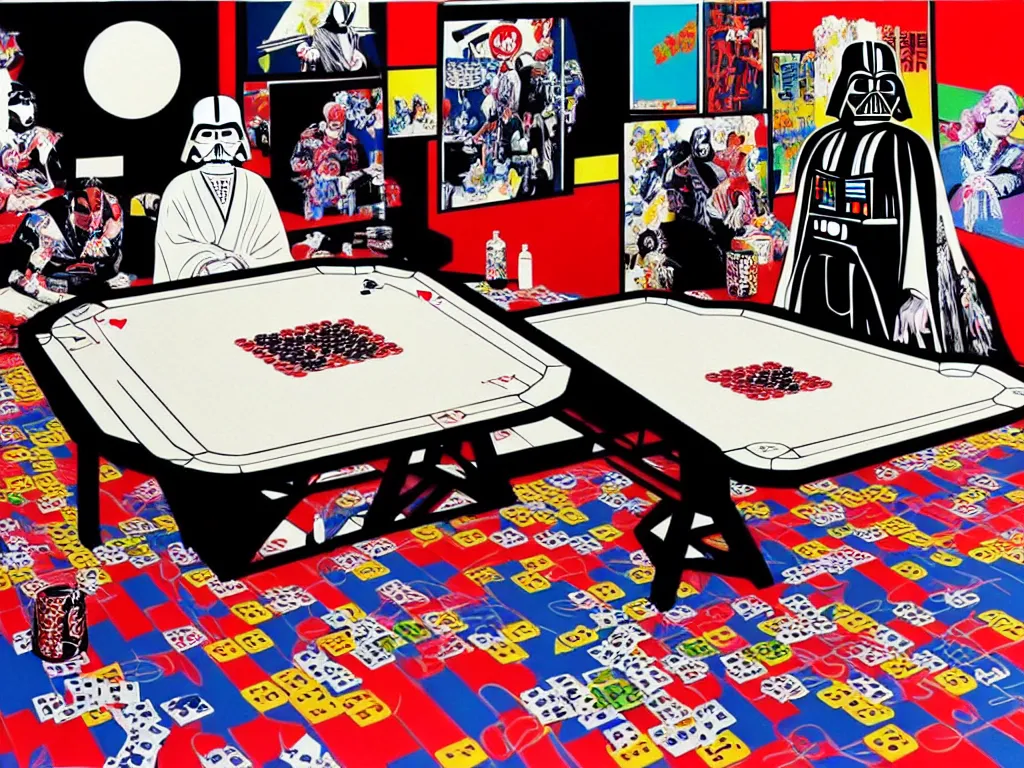 Image similar to hyper - realistic composition of a large room with an extremely detailed poker table in the center, woman in traditional japanese kimono standing nearby, darth vader sitting at the table, fireworks in the background, pop art style, jackie tsai style, andy warhol style, acrylic on canvas, dull palette