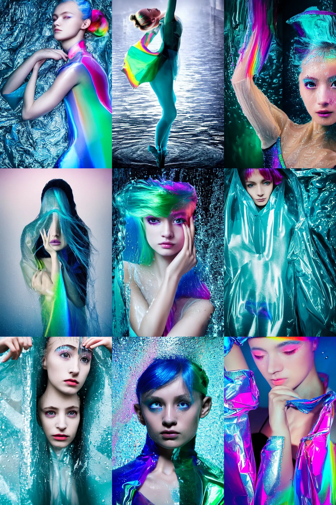 Prompt: Beautiful Fashion photography extreme closeup portrait of feminine ballet dancer half submerged in heavy nighttime paris floods, water to waste, wearing a translucent refracting rainbow diffusion wet plastic zaha hadid designed specular highlights raincoat, épaule devant pose;blue hair;green eyes;asian;petite; by Nabbteeri, épaule devant pose, ultra realistic, Kodak , 4K, 75mm lens, three point perspective, chiaroscuro, highly detailed, by moma, by Nabbteeri