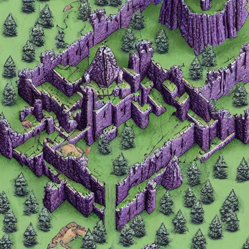 Prompt: An isometric overhead view of a narrow valley, winter time, dark pine trees, a tall castle guarding one end of the valley, fantasy style, D&D sourcebook, hyper detailed, high quality