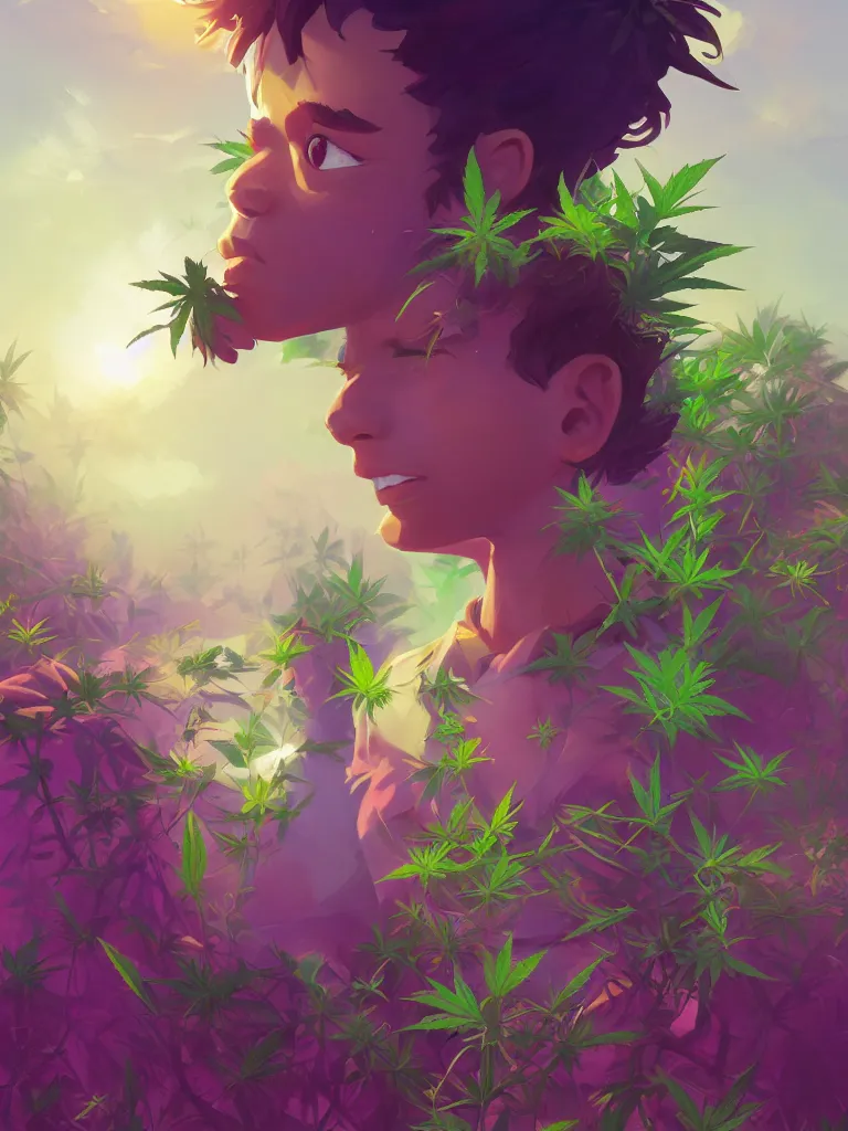 Image similar to kid with green purple flowers of marijuana hemp cannabis, behance hd by jesper ejsing, by rhads, makoto shinkai and lois van baarle, ilya kuvshinov, rossdraws global illumination, golden ratio, symmetrical beauty face