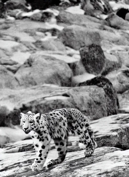 Image similar to a white and black snow leopard walking on a rock, a photograph by robert frank, naturalism, sharp focus, creative commons attribution