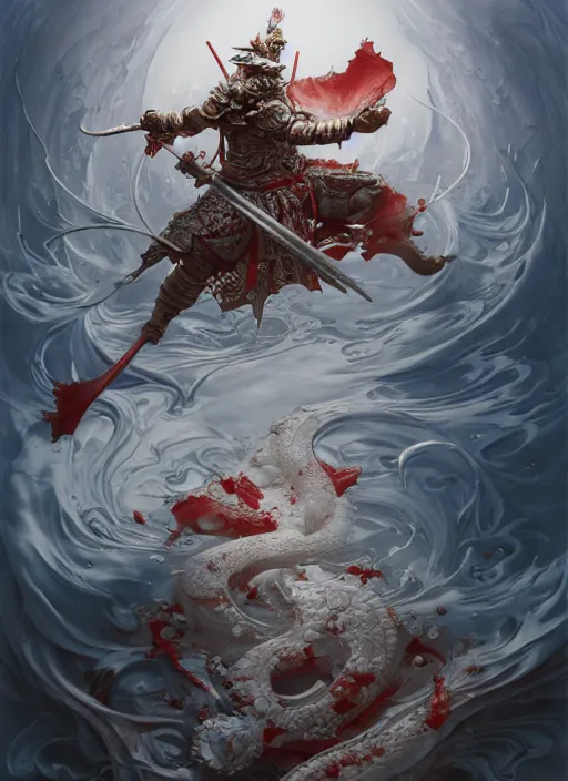 Prompt: subsurface scattering, white, koi, samurai deity with filigree armor, blood, octane render, by jesper ejsing, james jean, justin gerard, tomasz alen kopera, cgsociety and fenghua zhong, highly detailed, rim light, cinematic lighting, illustration, art, very coherent, cinematic, hyper realism, high detail, 8 k