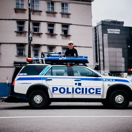 Image similar to an elderly man standing on the roof of a police car, canon eos r 3, f / 1. 4, iso 2 0 0, 1 / 1 6 0 s, 8 k, raw, unedited, symmetrical balance, wide angle