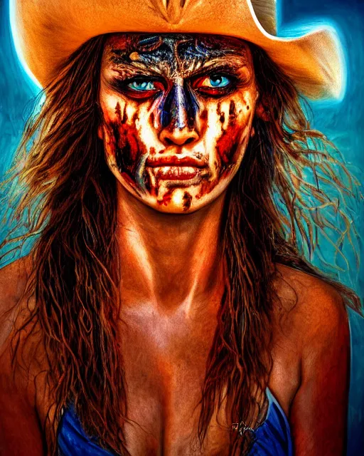 Image similar to acrylic portrait of scarred cowgirl with with burning glowing eyes, high production value, intricate details, high resolution, hdr, high definition, masterpiece, realistic, ultrarealistic, highly detailed, hd, sharp focus, non blurry, sharp, smooth