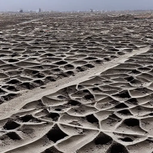 Image similar to apocalyptic beachside city, dried up oceans, desert everywhere, buildings covered in black tar