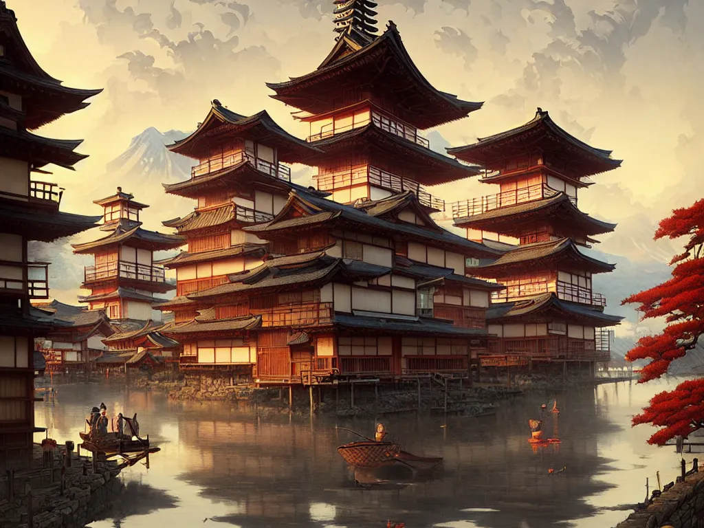 Image similar to old japanese small town viewed from harbor, d & d digital painting, intricate details, ultra realistic, beautiful, volumetric lighting, warm colors advance, cell shading, by james jean, greg rutkowski, gerald brom, wlop