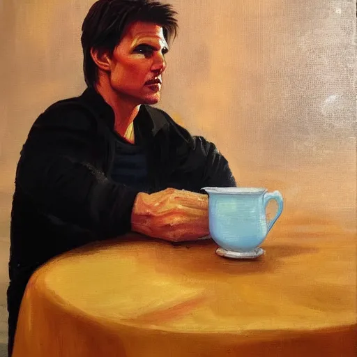 Prompt: tom cruise having a cup of tea, oil painting