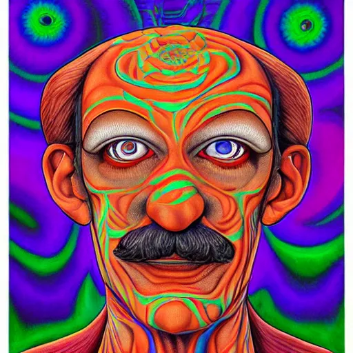 Image similar to waluigi becomes a fractal, painted by alex grey. psychedelic visionary art