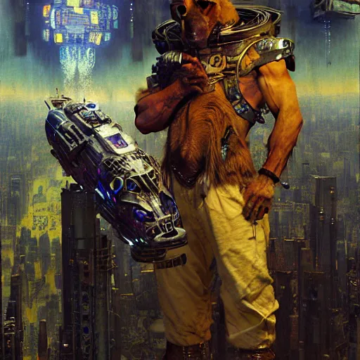 Image similar to portrait german dogman canine nerd neuromancer. spaceship futuristic city. shadowrun cyberpunk fantasy d & d painting by gaston bussiere craig mullins jc leyendecker gustav klimt artgerm greg rutkowski john berkey, bergey, craig mullins, ruan jia, raymond swanland, tom lovell