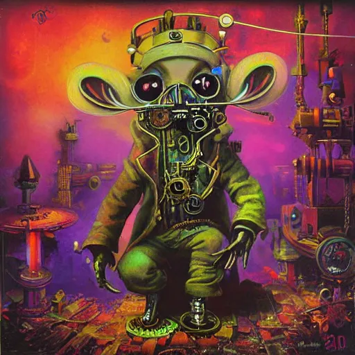 Image similar to steampunk rat, acid, 303, psychedelic, by paul lehr, cd cover for techno artist