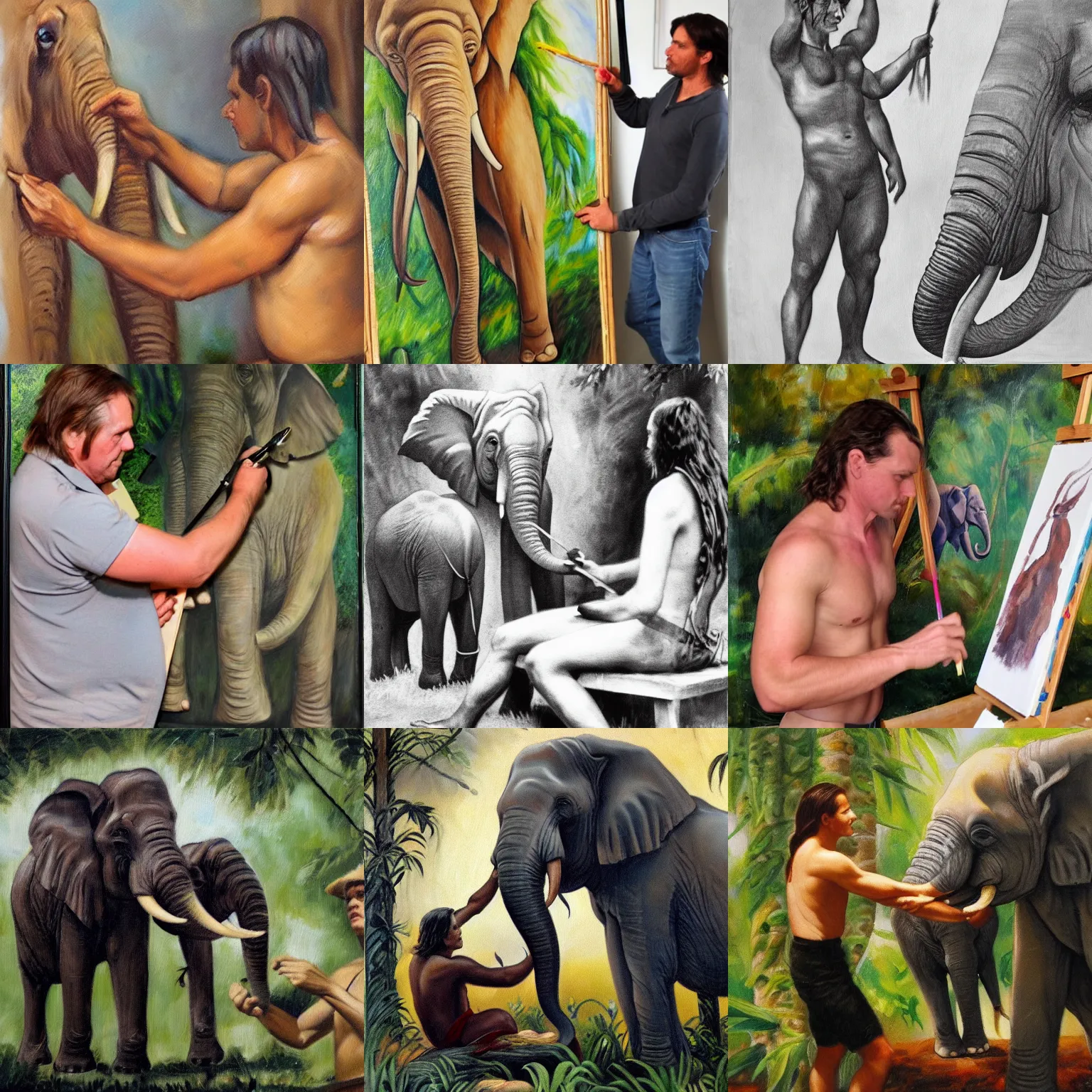 Prompt: tarzan making an oil painting of an elephant