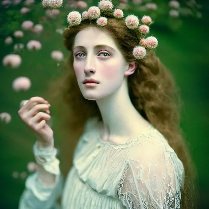 Image similar to Kodak Portra 400, 8K, soft light, volumetric lighting, highly detailed, britt marling style 3/4 ,portrait photo of a beautiful woman how pre-Raphaelites painter, a beautiful lace dress and detailed flowers adorning her hair, white pearls on her beautiful face, Realistic, Refined, Highly Detailed, natural outdoor soft pastel lighting colors scheme, outdoor fine art photography, Hyper realistic, photo realistic