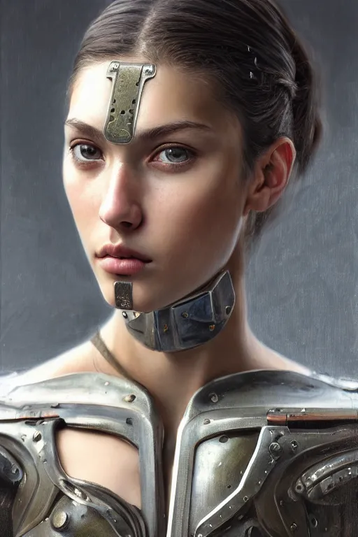 Prompt: a photorealistic painted portrait of an attractive young girl, partially clothed in dull metal-plated battle armor, olive skin, long dark hair, beautiful bone structure, symmetric facial features, photorealistic eyes, natural physique, intricate, elegant, digital painting, concept art, finely detailed, beautifully illustrated, sharp focus, minimal artifacts, from Metal Gear, by Ruan Jia and Mandy Jurgens and Artgerm and William-Adolphe Bouguerea, in the style of Greg Rutkowski, trending on Artstation, award winning