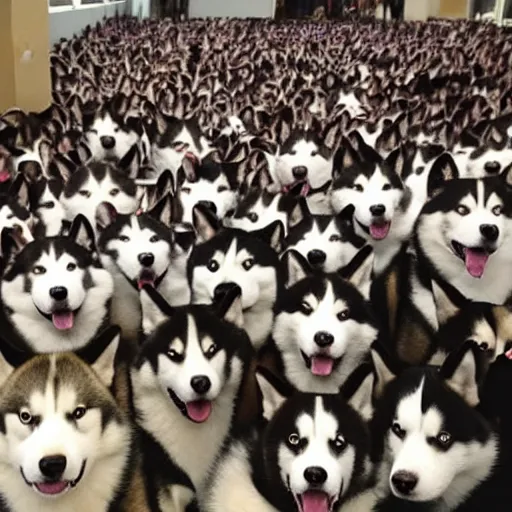 Image similar to a room filled with hundreds of huskies