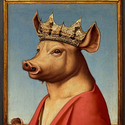 Image similar to a renaissance style portrait of a wild boar (Sus scrofa) wearing a crown and a cape, dark background