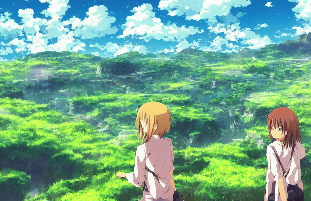 Image similar to an Anime Background Photo of a Valley with green plains and blue sky, with a cute anime girl standing, digital art, studio ghibli