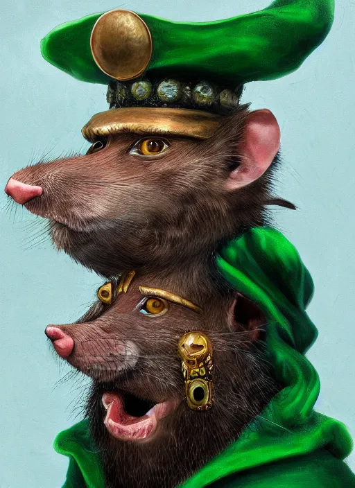 Image similar to oilpainting of an anthropomorphic rat with beard and human eyes, wearing jewelry, tricorne hat, green robe, d & d, digital art, detailed face, highly detailed, trending on artstation, 4 k, sea in the background