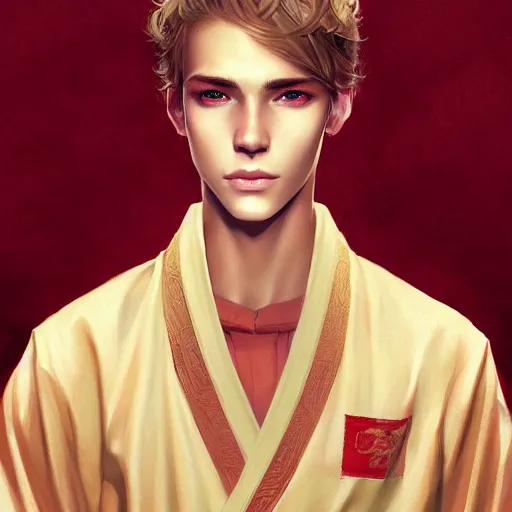 Image similar to colorful Captivating teenage boy with brown blond hair and thin facial structure, brown eyes with red eye markers, slim body, wearing a detailed Japanese kimono with golden details, atmospheric lighting, painted, intricate, 4k, highly detailed by Charlie Bowater