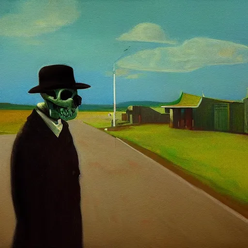 Image similar to a painting of a lonely man with a skull as his head waiting for the bus, green dramatic and cinematic light, the sky is full of stars, in the style of edward hopper, 4 k,