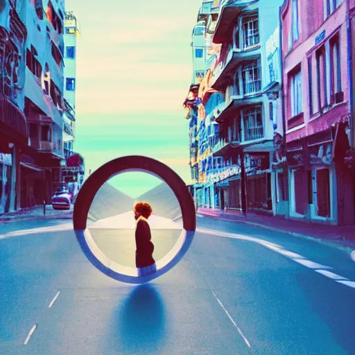 Image similar to a woman facing an portal on the street. the street leads dozen a city. the portal is oval, upright and surrounded by blue energy. the portal leads to a beach at sunset