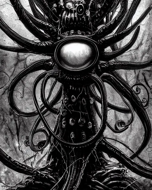 Image similar to gruesome creature with long tentacles and many eyes, spider - eyes, covered in eyes, glowing eyes, too many eyes, midnight fog - mist!, cinematic lighting, various refining methods, micro macro autofocus, ultra definition, award winning photo, photograph by ghostwave - gammell - giger - shadowlord