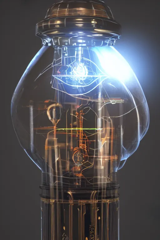 Image similar to Product shot of a glowing electron Vacuum tube by Craig mullins, volumetric light, artstation, , octane render, high contrast, rich deep lighting, redshift render,