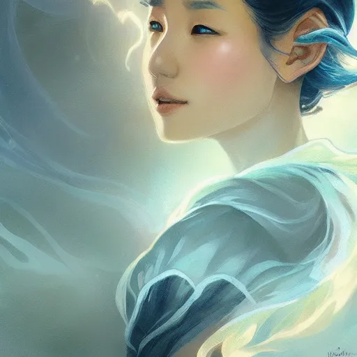 Prompt: asian female wind elemental, light blue color palette, lifelike, portrait, highly detailed, digital painting, artstation, concept art, sharp focus, illustration, cinematic lighting, art by artgerm and greg rutkowski and alphonse mucha