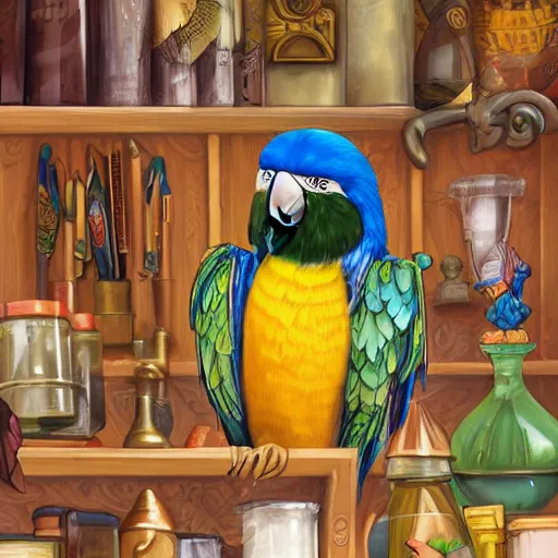 Image similar to MTG artwork of Anthro parrot trader in his shop, shelves full, selling a gem, portrait, items, magic potions, carpet, window, fancy funny hat, sly expression , cunning expression, cute expression, presenting magic gem, D&D, fantasy, cinematic lighting, highly detailed, digital painting, artstation, concept art, smooth, sharp focus, illustration, warm light, cozy warm tint, magic the gathering artwork, volumetric lighting, 8k, no gold, no gold colours, art by Akihiko Yoshida and Greg Rutkowski