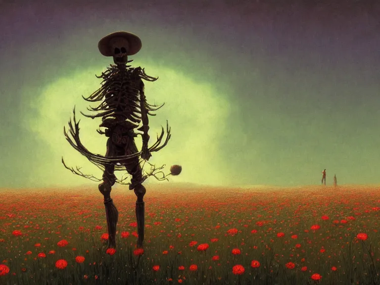 Prompt: a detailed profile illustration of skelleton standing in a field of flowers, aurora lighting clouds and stars by beksinski carl spitzweg and tuomas korpi. intricate artwork by moebius. Trending on artstation. 8k