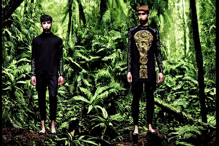 Prompt: versace avant garde male tunics intricate modern choatic textiles streetwear cyberpunk posing in the jungle woods cloudy overcast dark dramatic mysterious 3 5 mm professional