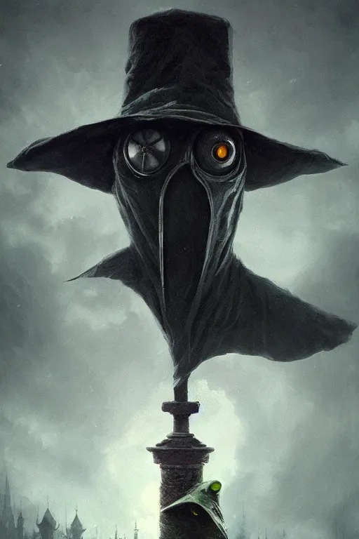 Image similar to A closeup of a green Plague Doctor by Greg Rutkowski, Dan Mumford, Bloodborne, 4k photorealistic, volumetric lighting, HD, high details, dramatic, dark atmosphere, trending on artstation