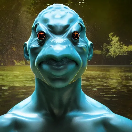 Image similar to a hyper real comic book style portait painting of a statue made of water of a frog, unreal 5, hyperrealistic, octane render, cosplay, rpg portrait, dynamic lighting