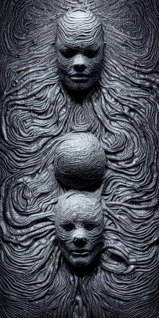 Prompt: a photorealistic render of a topographic sculpture made of melted metal and bioluminescent beings on a black background, c 4 d, by zhelong xu ouchh studio and ernst haeckel, wide angle, hyper realistic, plain black background, 8 k, volumetric lightning, octane render