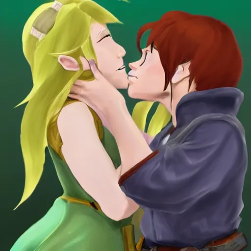 Prompt: female link and malon kissing, concept art