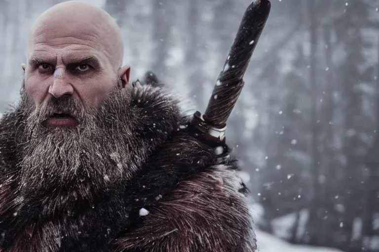 Image similar to vfx movie tough bald man in furs, natural grizzled skin, streaks of red face paint grey beard, dual wielding detailed viking war axes, in snowy tahoe, god of war by emmanuel lubezki