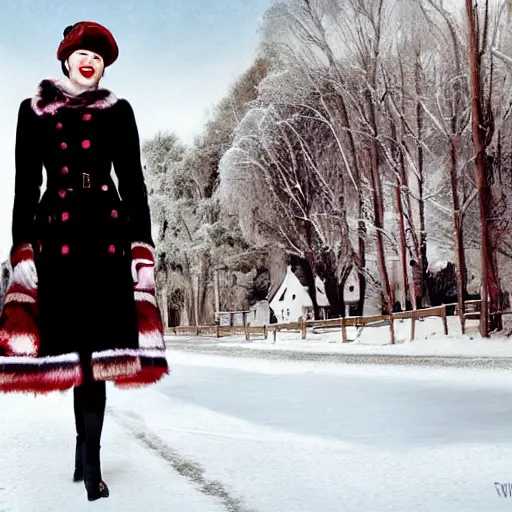 Image similar to emma stone wearing valenki in russian village, winter, painted by ron arad and steve argyle, blonde hair, cinematic