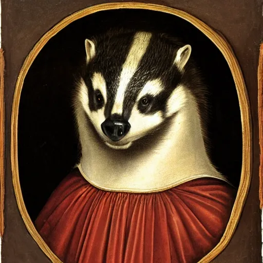 Prompt: a renaissance style portrait of an European badger wearing a crown and a cape, dark background