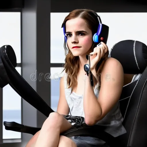 Prompt: emma watson wearing a gaming headset photo sitting on gaming chair stock photo