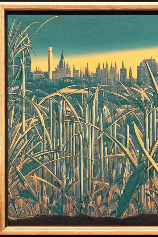 Prompt: ''view of a grandiose art deco city in the distance, from a tall grass field, by Erté'' n- 10