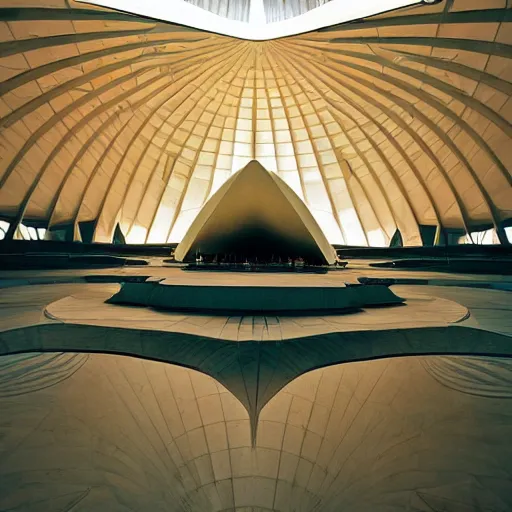 Image similar to interior of a futuristic lotus temple with gold, red and white marble panels, in the desert, by buckminster fuller and syd mead, intricate contemporary architecture, photo journalism, photography, cinematic, national geographic photoshoot