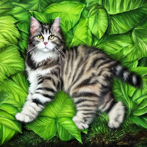 Prompt: a maincoon cat among big green leaves, realistic, very detailed,