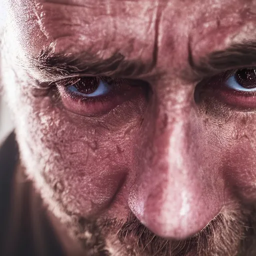 Prompt: oversaturated close up photograph of a sweaty man who has just woken up to a light shining in his face, wide fov, dark room