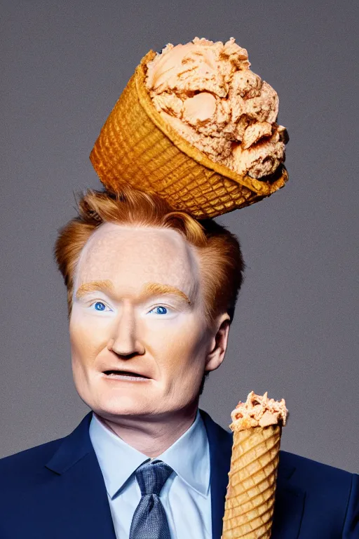 Image similar to 📷 conan o'brien the ice - cream cone 🍦, made of food, portrait still image, dynamic lighting, 4 k