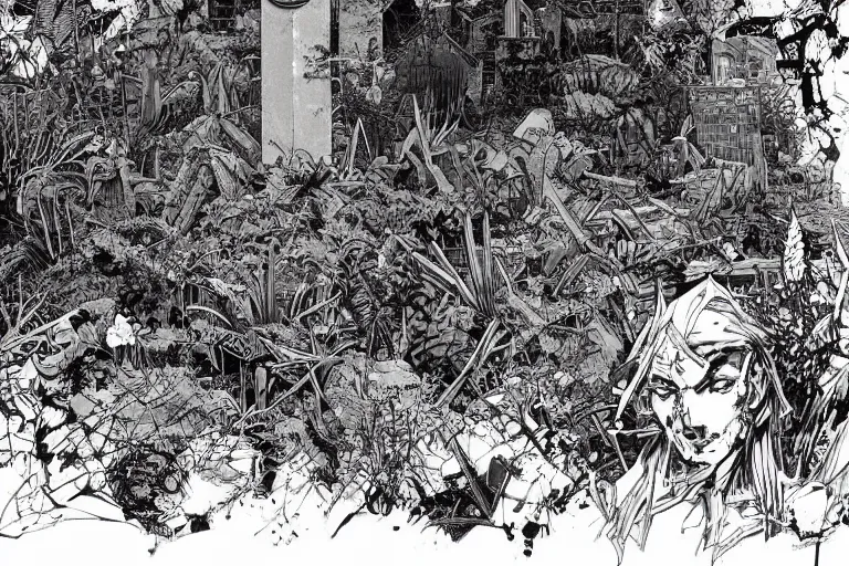 Prompt: abandoned overgrown graveyard, large crosses, spiny thorned giant plants, very coherent, intricate design, painting by Laurie Greasley, part by Yoji Shinkawa, part by Norman Rockwell