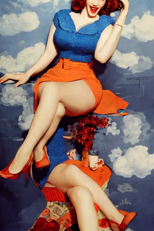 Image similar to full body portrait of christina hendricks in the style of bill medcalf, mario testino, blue sky with a few clouds, retro, 1 9 5 0, 4 k, detailed, 1 / 3 headroom, cinematic rule of thirds