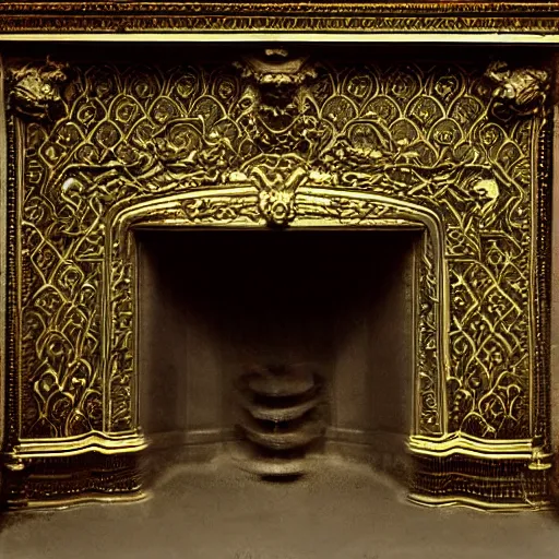 Prompt: grainy 1800s photo of an ornate fireplace that has lights swirling and sparkling in patterns inside it