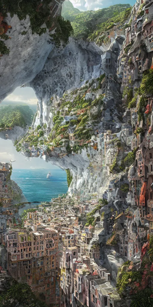 Prompt: a painting of a city built into the side of a cliff, a detailed matte painting by chris labrooy and wes anderson, architecture by morphosis and daniel libeskind, nature meets architecture, cgsociety, fantastic realism, matte painting, terragen, artstation hq