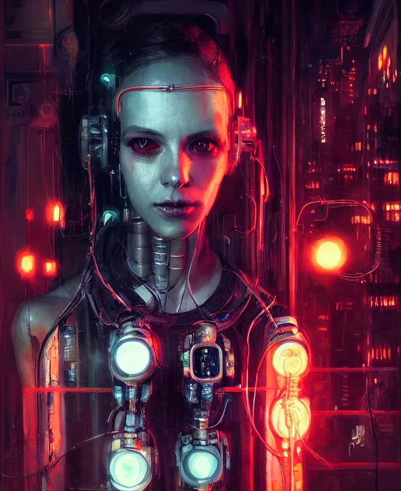 Prompt: portrait of cute robot cyborg woman, many wires and neon lights exposed, glowing eyes, cyberpunk, highly detailed painting by jeremy mann and cd projekt red