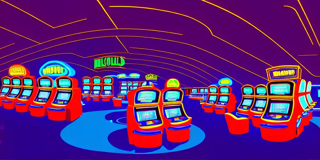 Prompt: minimalistic extreme wide angle curved perspective digital art of indoor casino with alien shaped slot machines, with roulettes in the roof, by anton fadeev from nightmare before christmas, 8 k, pixar movie